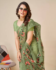 Multicolor Chikankari Embroidered Soft Net Mehndi Green Saree with Mono Banglory Blouse Colorful Saree