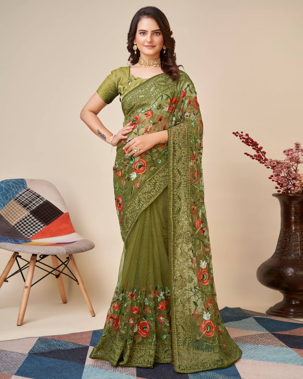 Multicolor Chikankari Embroidered Soft Net Mehndi Green Saree with Mono Banglory Blouse Colorful Saree