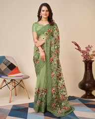 Multicolor Chikankari Embroidered Soft Net Mehndi Green Saree with Mono Banglory Blouse Colorful Saree