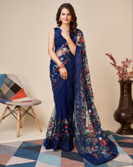 Multicolor Chikankari Embroidered Soft Net Blue Saree with Mono Banglory Blouse Colorful Saree