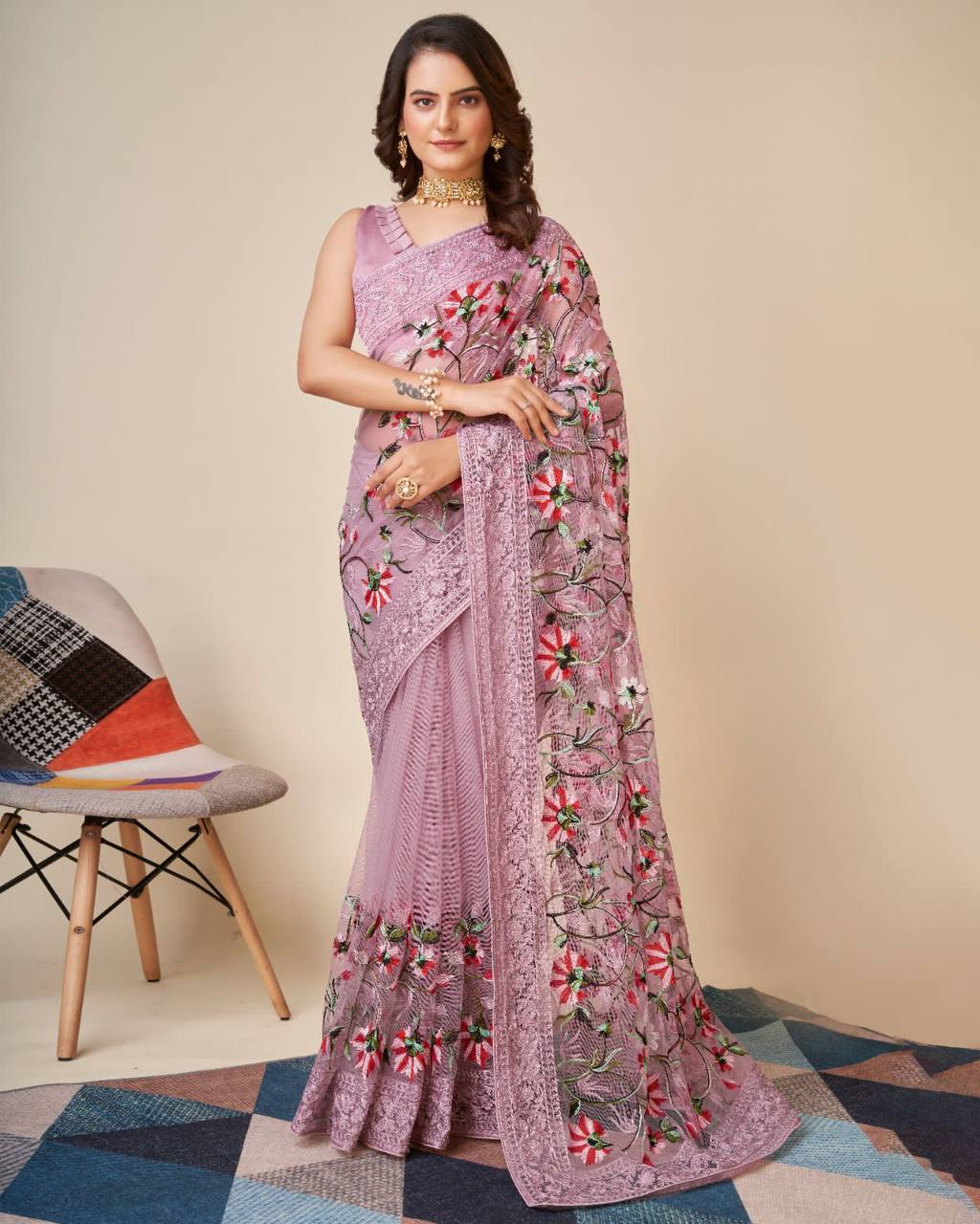 Multicolor Chikankari Embroidered Soft Net Pink Saree with Mono Banglory Blouse Colorful Saree