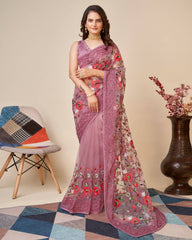 Multicolor Chikankari Embroidered Soft Net Pink Saree with Mono Banglory Blouse Colorful Saree