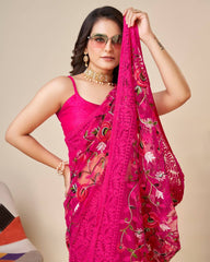 Multicolor Chikankari Embroidered Soft Net Rani Pink Saree with Mono Banglory Blouse Colorful Saree