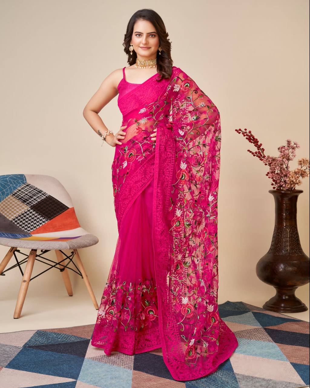 Multicolor Chikankari Embroidered Soft Net Rani Pink Saree with Mono Banglory Blouse Colorful Saree