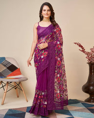 Multicolor Chikankari Embroidered Soft Net Wine Saree with Mono Banglory Blouse Colorful Saree