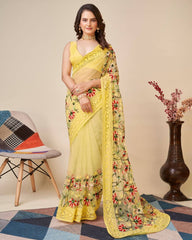 Multicolor Chikankari Embroidered Soft Net Yellow Saree with Mono Banglory Blouse Colorful Saree