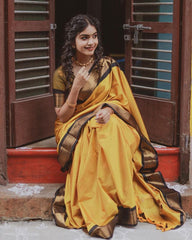 Mustard Yellow Banarasi Soft Silk Saree with Black Zari Embroidery & Golden Blouse Colorful Saree