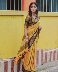 Mustard Yellow Banarasi Soft Silk Saree with Black Zari Embroidery & Golden Blouse Colorful Saree