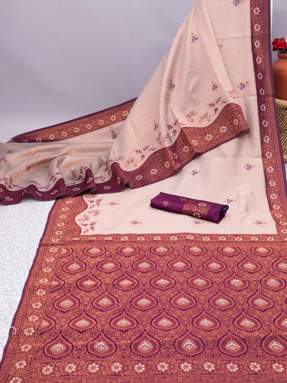 Off White Banarasi Soft Silk Saree with Exquisite Copper Zari Weaving Colorful Saree