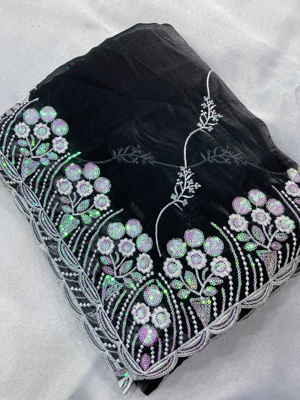 Dazzling Party Wear black Saree: Soft Premium Zimmy Chu Silk with Embroidered C-Pallu & Cutwork Border Colorful Saree