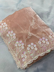 Dazzling Party Wear peach Saree: Soft Premium Zimmy Chu Silk with Embroidered C-Pallu & Cutwork Border Colorful Saree