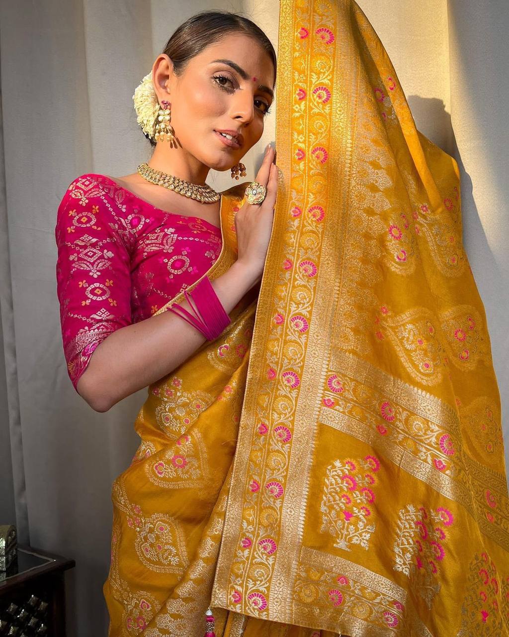 Pure Banarasi Copper Zari Weaving, Banarasi Soft Silk Yellow Saree Colorful Saree