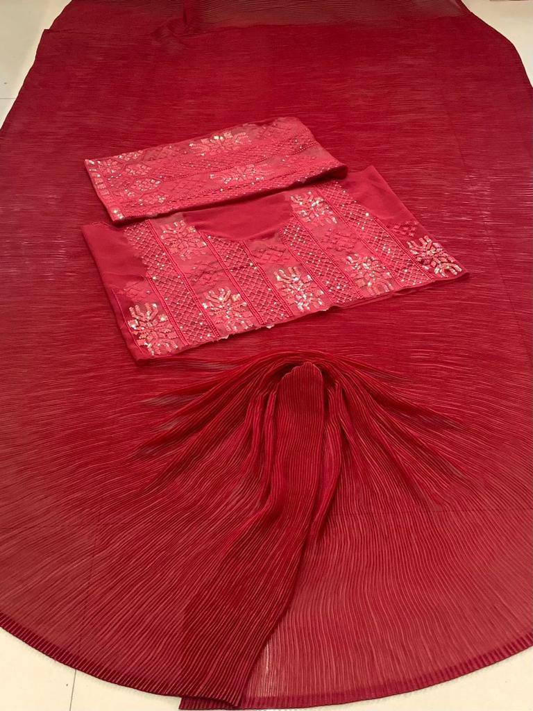 Pleated Georgette Red Saree Fabric with Unstitched Georgette Blouse Colorful Saree