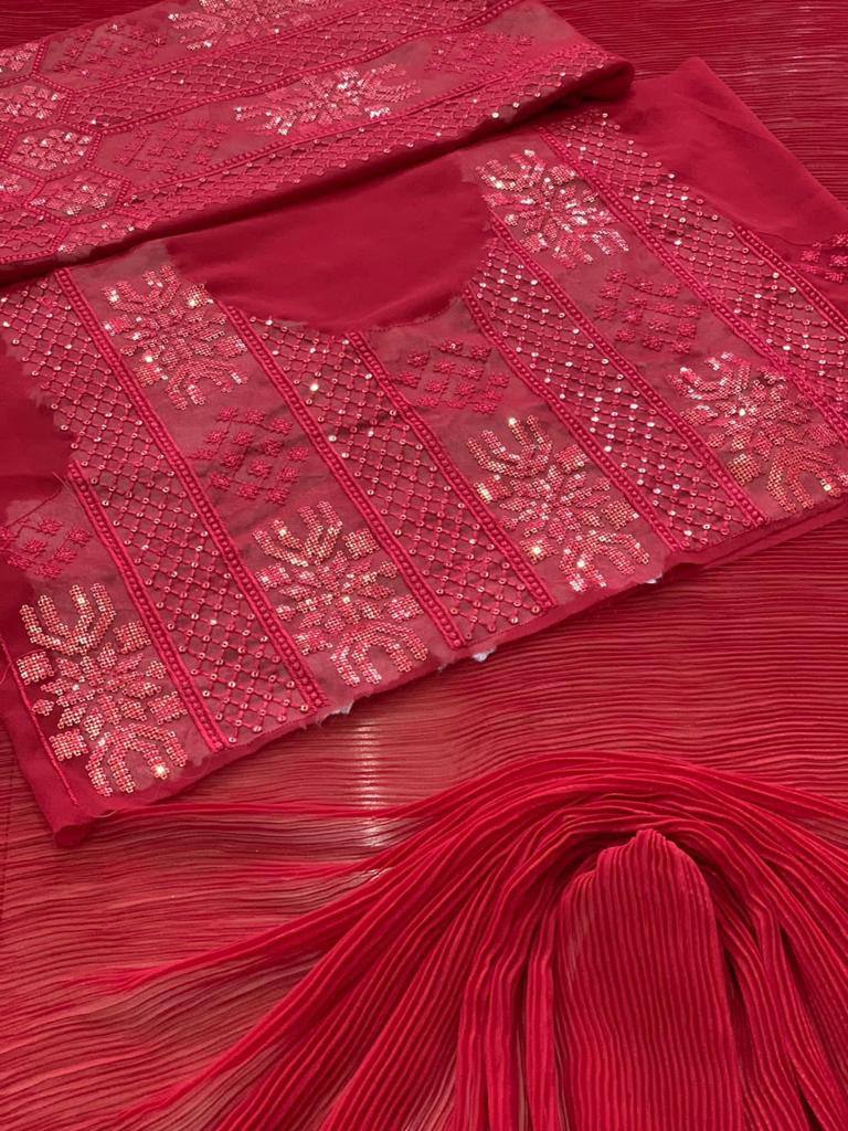 Pleated Georgette Red Saree Fabric with Unstitched Georgette Blouse Colorful Saree