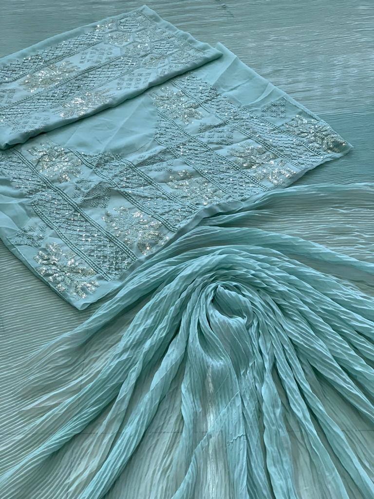 Pleated Georgette Sky Blue Saree Fabric with Unstitched Georgette Blouse Colorful Saree