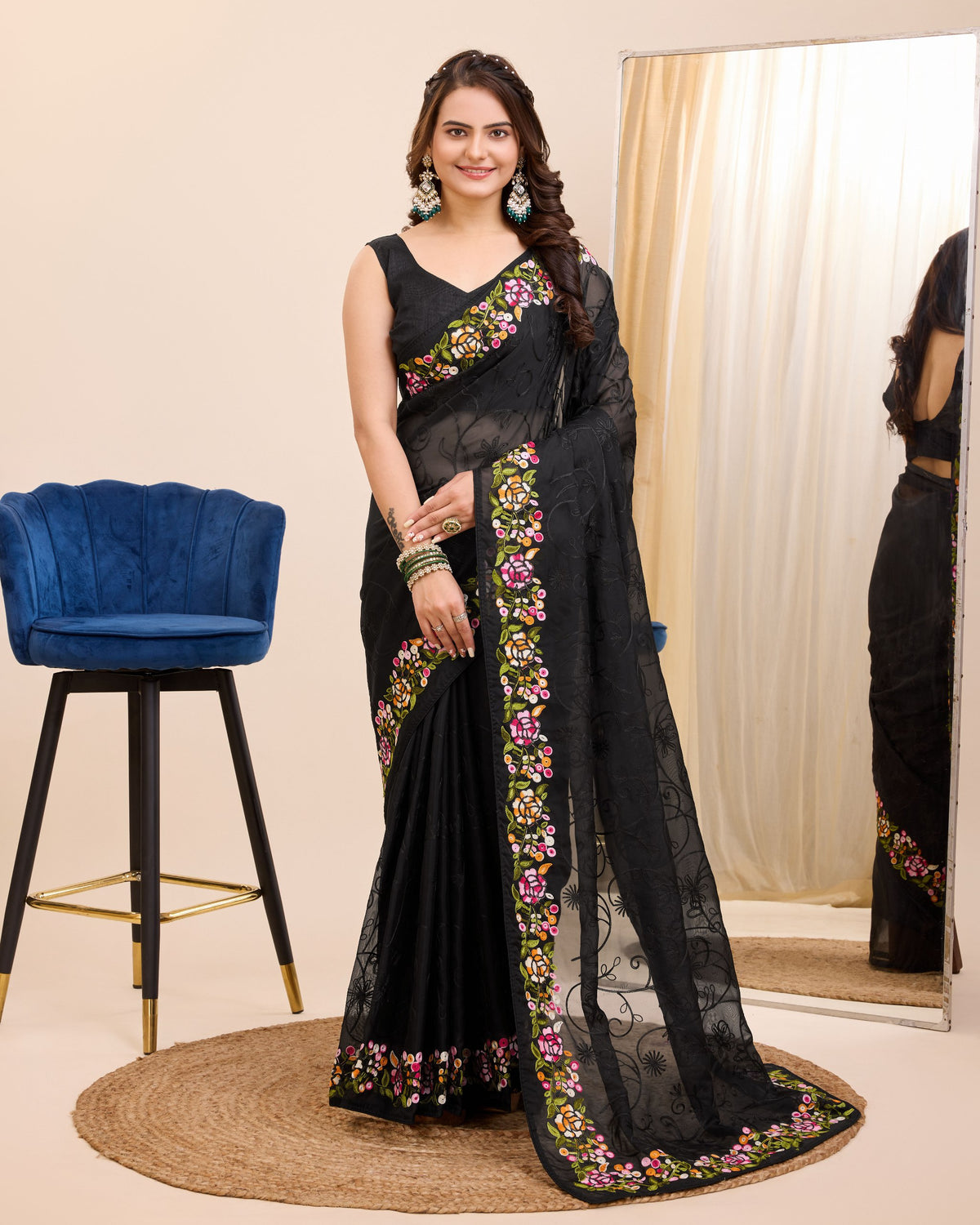 Premium Taby Silk Wedding Black Saree with All-Over Zari Embroidery Colorful Saree