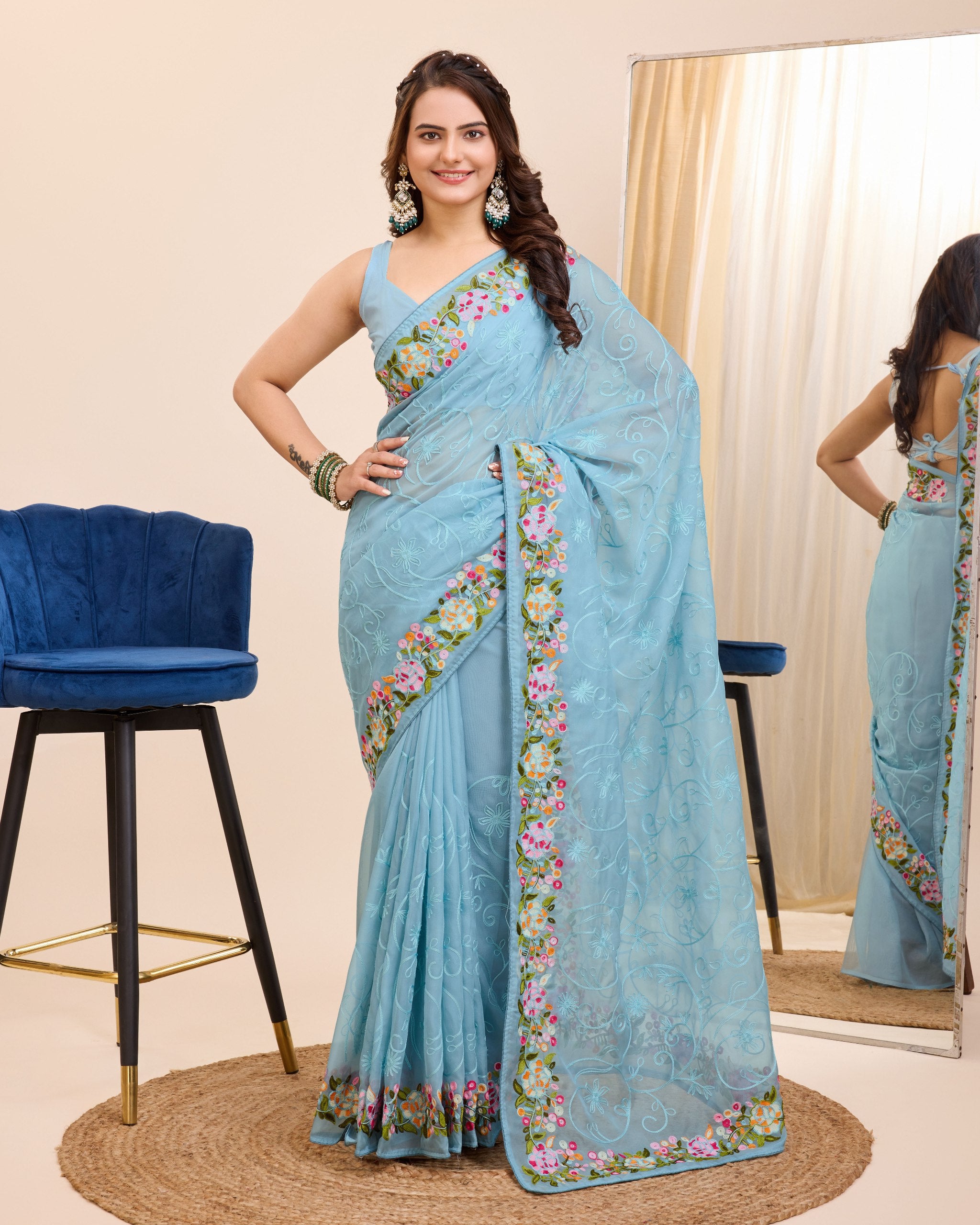 Premium Taby Silk Wedding Blue Saree with All-Over Zari Embroidery Colorful Saree