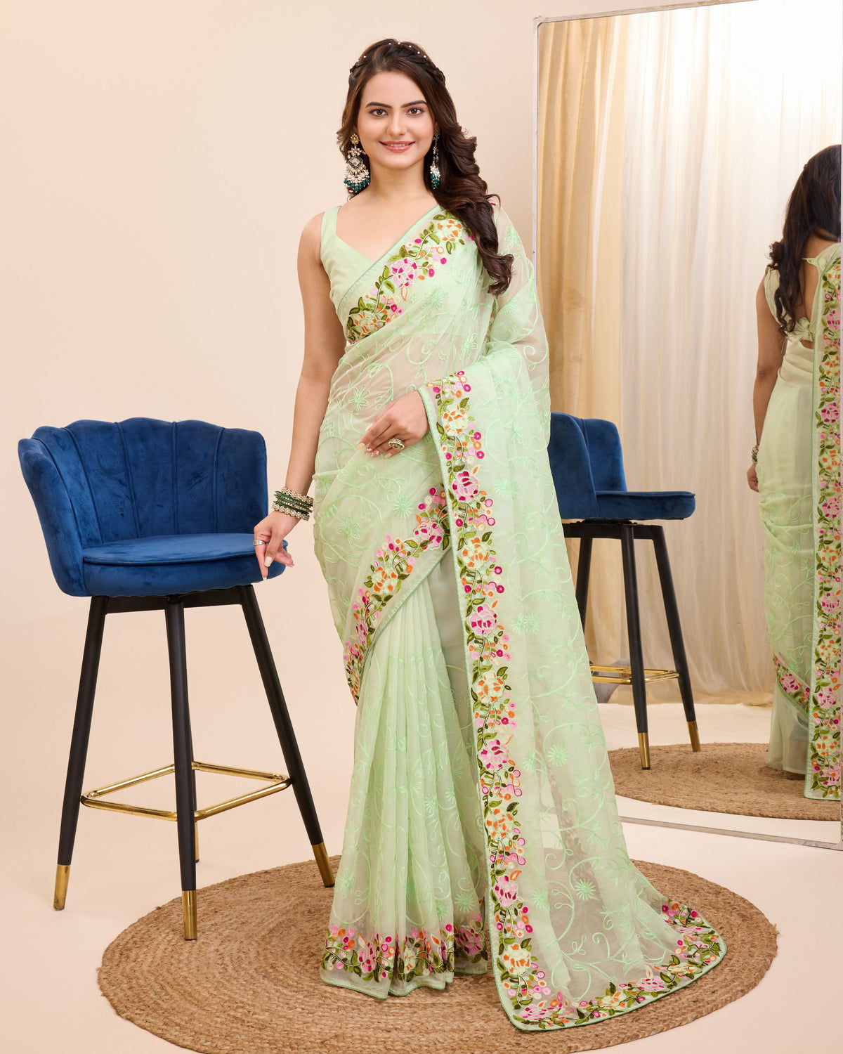 Premium Taby Silk Wedding Pista Green Saree with All-Over Zari Embroidery Colorful Saree