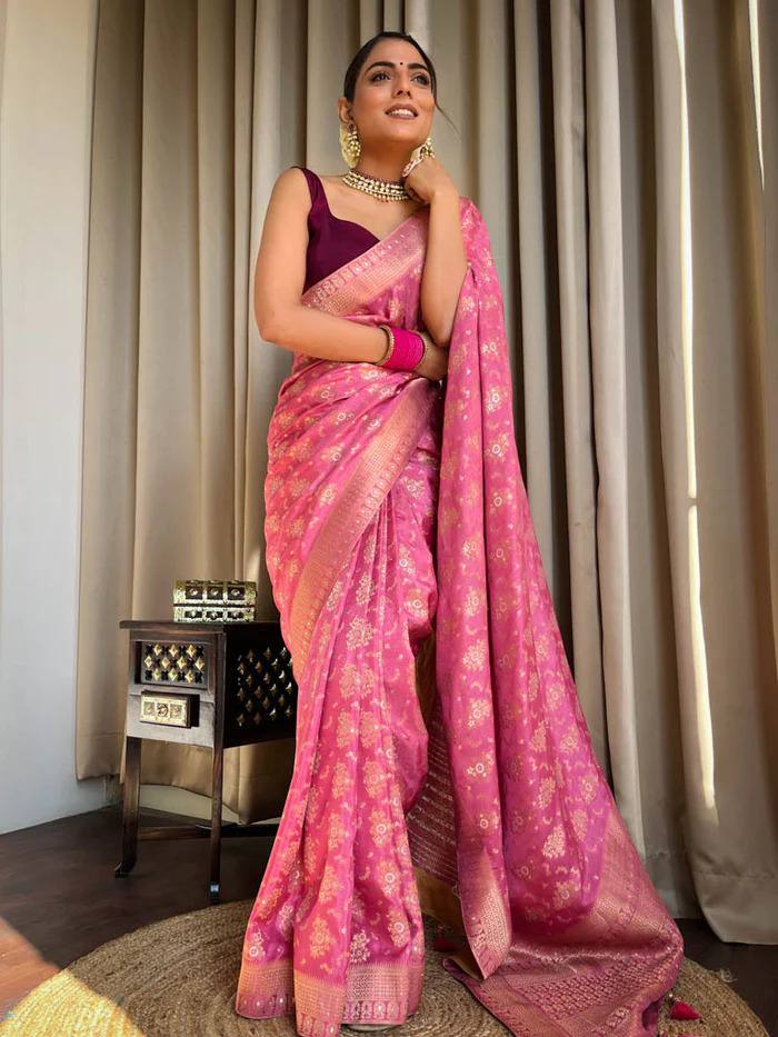 Pure Banarasi Copper Zari Weaving Turquoise Baby Pink Saree with Stunning Brocade Blouse Colorful Saree