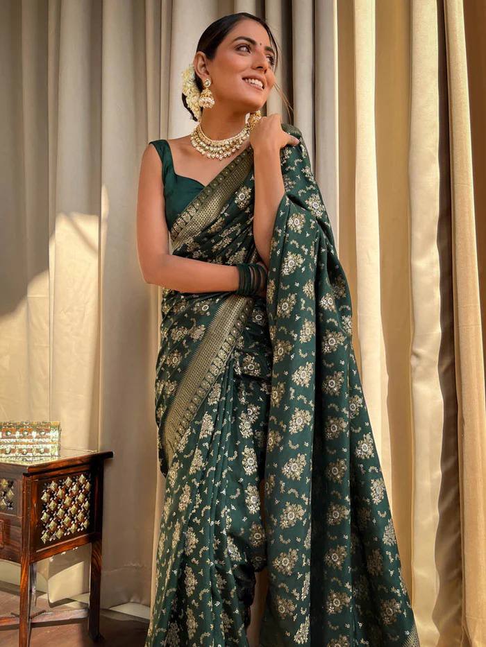 Pure Banarasi Copper Zari Weaving Turquoise Dark Green Saree with Stunning Brocade Blouse Colorful Saree