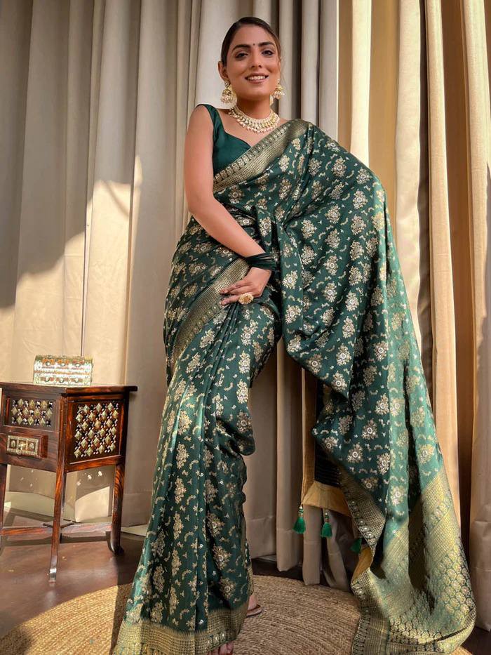 Pure Banarasi Copper Zari Weaving Turquoise Dark Green Saree with Stunning Brocade Blouse Colorful Saree