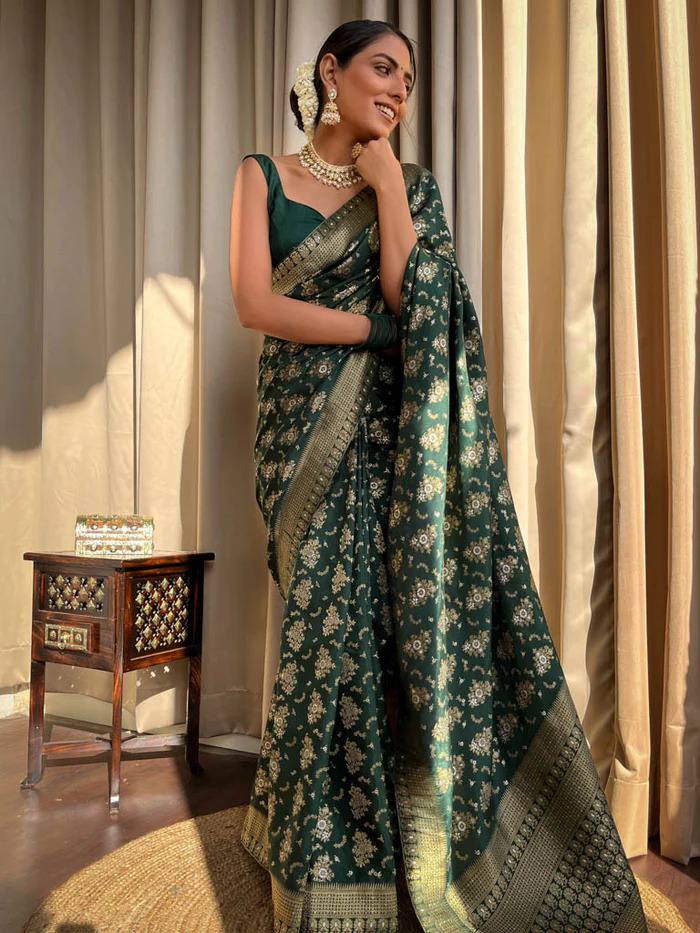 Pure Banarasi Copper Zari Weaving Turquoise Dark Green Saree with Stunning Brocade Blouse Colorful Saree