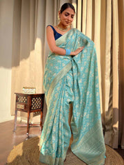 Pure Banarasi Copper Zari Weaving Turquoise Green Saree with Stunning Brocade Blouse Colorful Saree