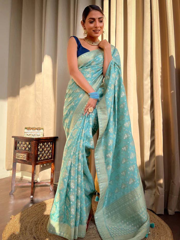 Pure Banarasi Copper Zari Weaving Turquoise Green Saree with Stunning Brocade Blouse Colorful Saree