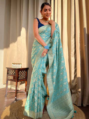 Pure Banarasi Copper Zari Weaving Turquoise Green Saree with Stunning Brocade Blouse Colorful Saree