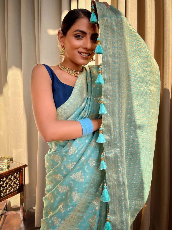 Pure Banarasi Copper Zari Weaving Turquoise Green Saree with Stunning Brocade Blouse Colorful Saree