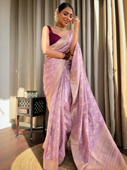 Pure Banarasi Copper Zari Weaving Turquoise Lavender Saree with Stunning Brocade Blouse Colorful Saree