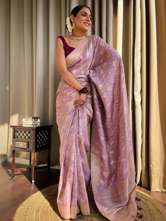 Pure Banarasi Copper Zari Weaving Turquoise Lavender Saree with Stunning Brocade Blouse Colorful Saree