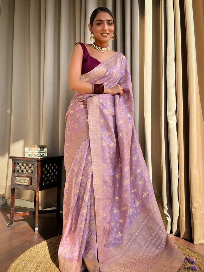 Pure Banarasi Copper Zari Weaving Turquoise Lavender Saree with Stunning Brocade Blouse Colorful Saree