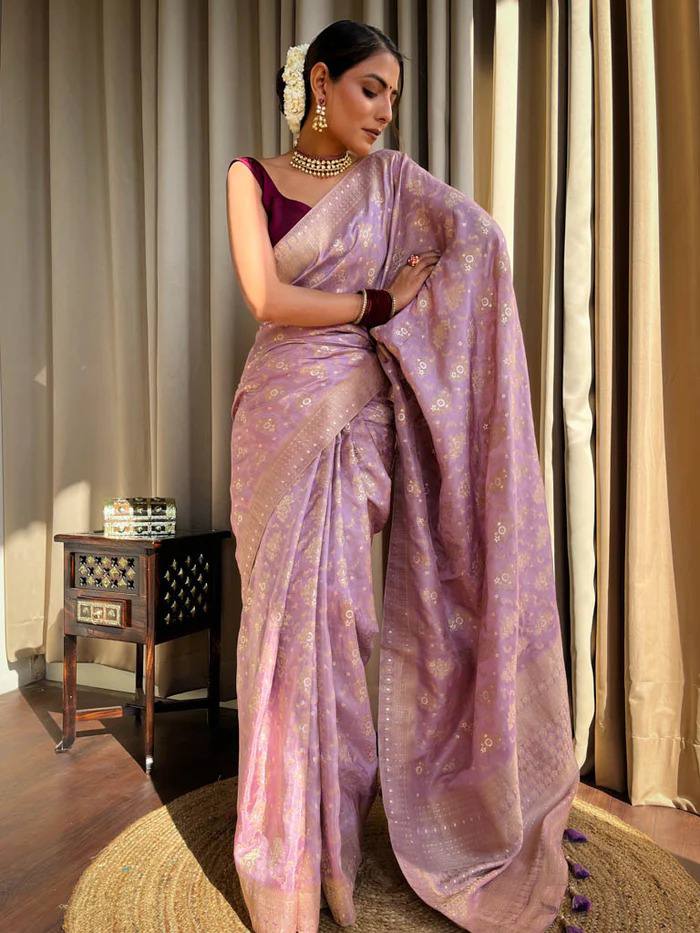 Pure Banarasi Copper Zari Weaving Turquoise Lavender Saree with Stunning Brocade Blouse Colorful Saree