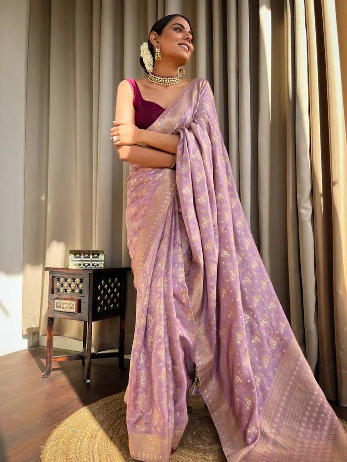 Pure Banarasi Copper Zari Weaving Turquoise Lavender Saree with Stunning Brocade Blouse Colorful Saree