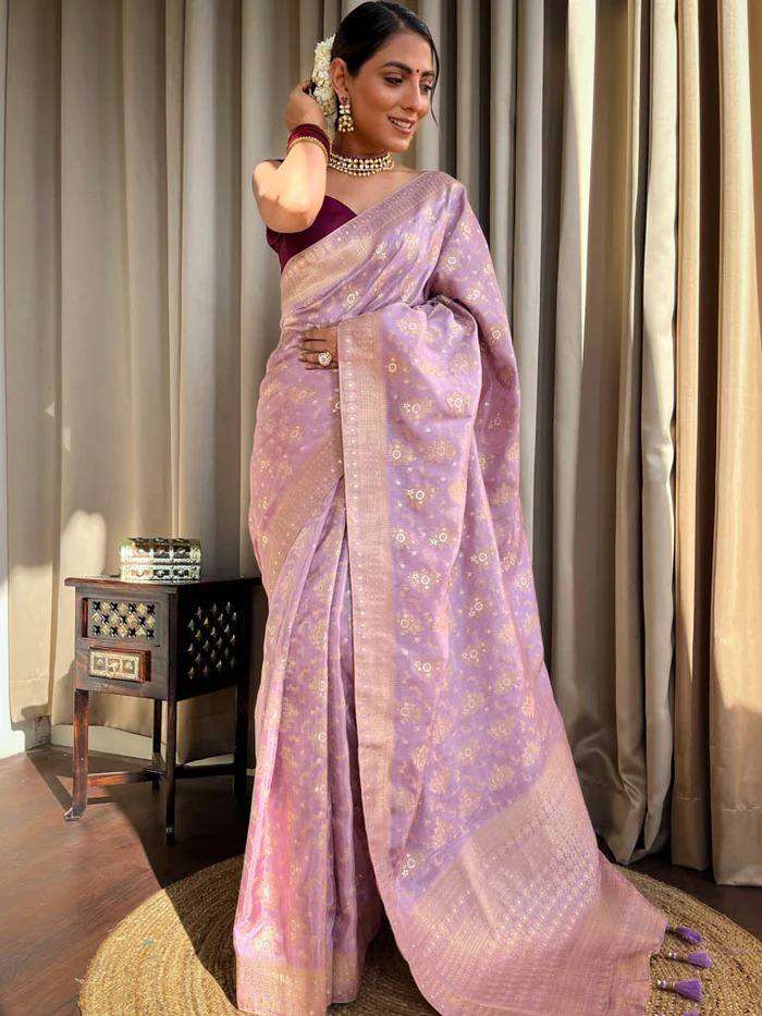 Pure Banarasi Copper Zari Weaving Turquoise Lavender Saree with Stunning Brocade Blouse Colorful Saree