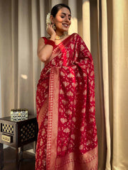 Pure Banarasi Copper Zari Weaving Turquoise Red Saree with Stunning Brocade Blouse Colorful Saree