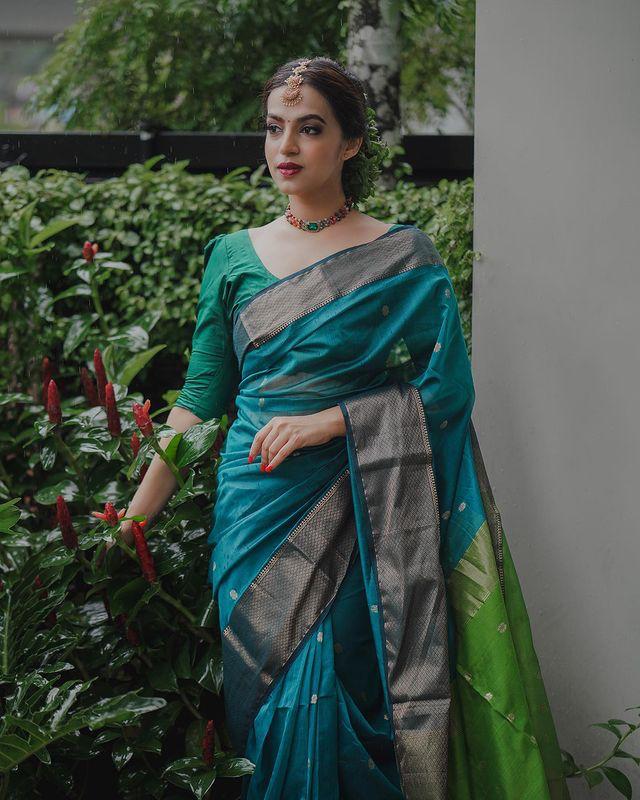 Pure Banarasi Soft Silk Rama Color Saree with Brocade Blouse Colorful Saree