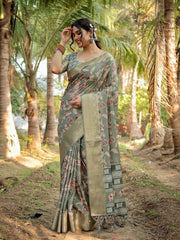 Pure Silk Digital Printed Basil Green Saree with Brocade Blouse Colorful Saree