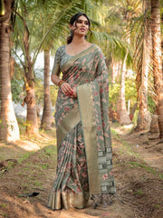 Pure Silk Digital Printed Basil Green Saree with Brocade Blouse Colorful Saree