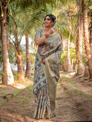 Pure Silk Digital Printed Basil Green Saree with Brocade Blouse Colorful Saree