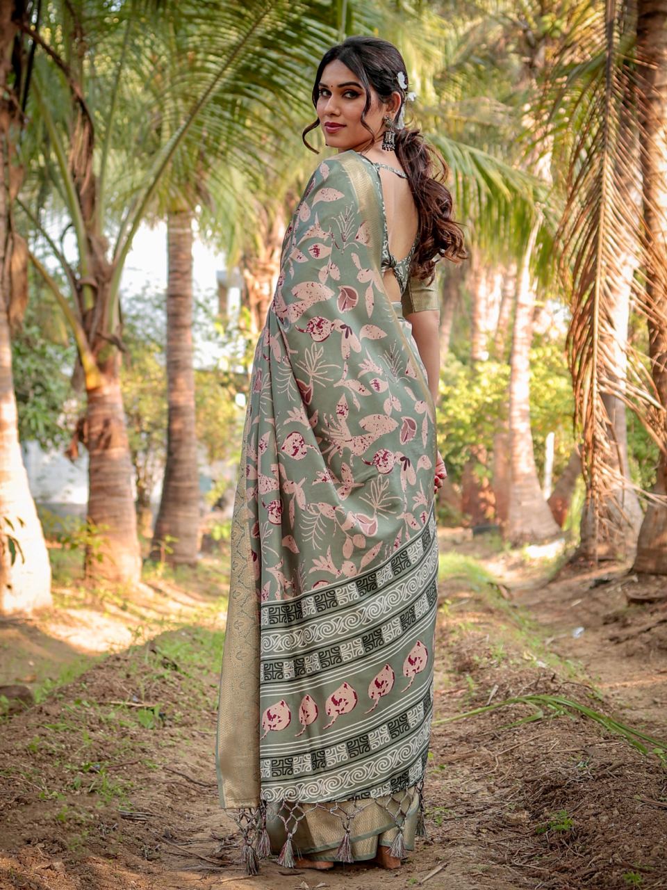 Pure Silk Digital Printed Basil Green Saree with Brocade Blouse Colorful Saree