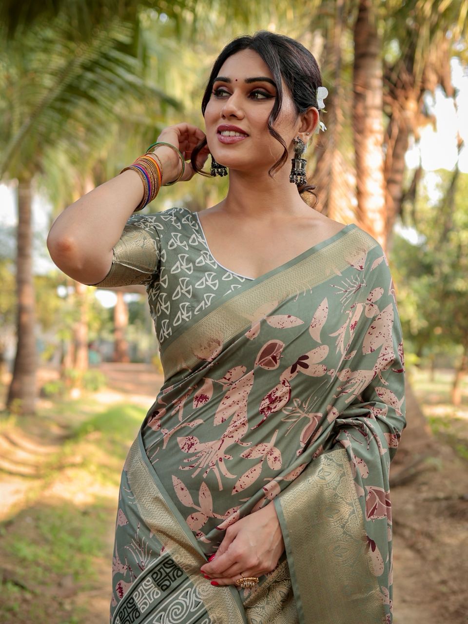 Pure Silk Digital Printed Basil Green Saree with Brocade Blouse Colorful Saree