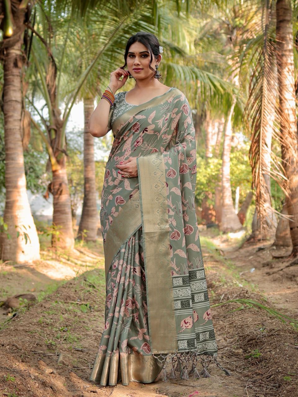 Pure Silk Digital Printed Basil Green Saree with Brocade Blouse Colorful Saree