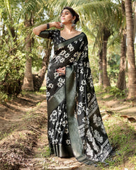 Pure Silk Digital Printed Black Saree with Brocade Blouse Colorful Saree