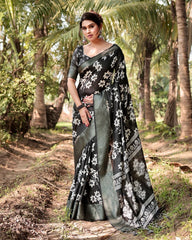 Pure Silk Digital Printed Black Saree with Brocade Blouse Colorful Saree