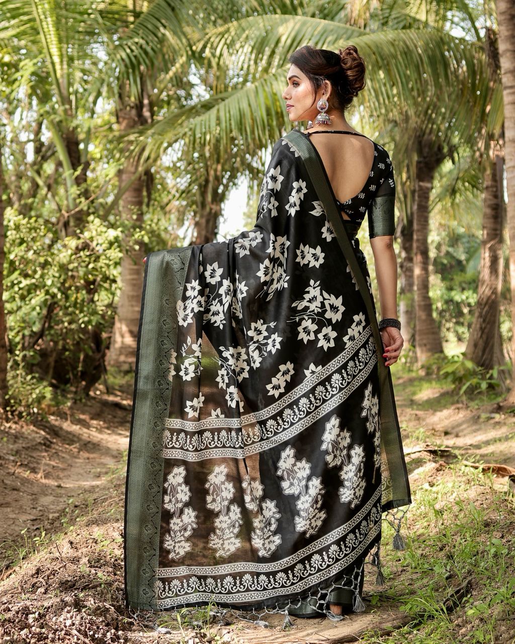 Pure Silk Digital Printed Black Saree with Brocade Blouse Colorful Saree