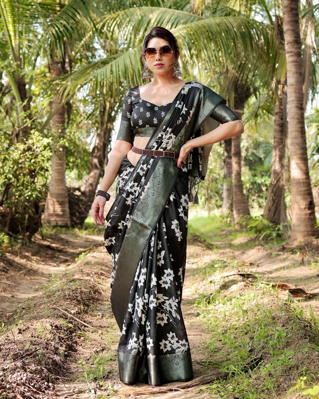 Pure Silk Digital Printed Black Saree with Brocade Blouse Colorful Saree