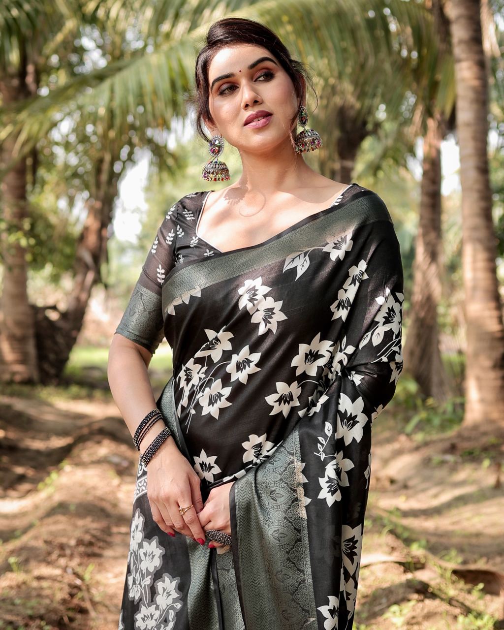 Pure Silk Digital Printed Black Saree with Brocade Blouse Colorful Saree