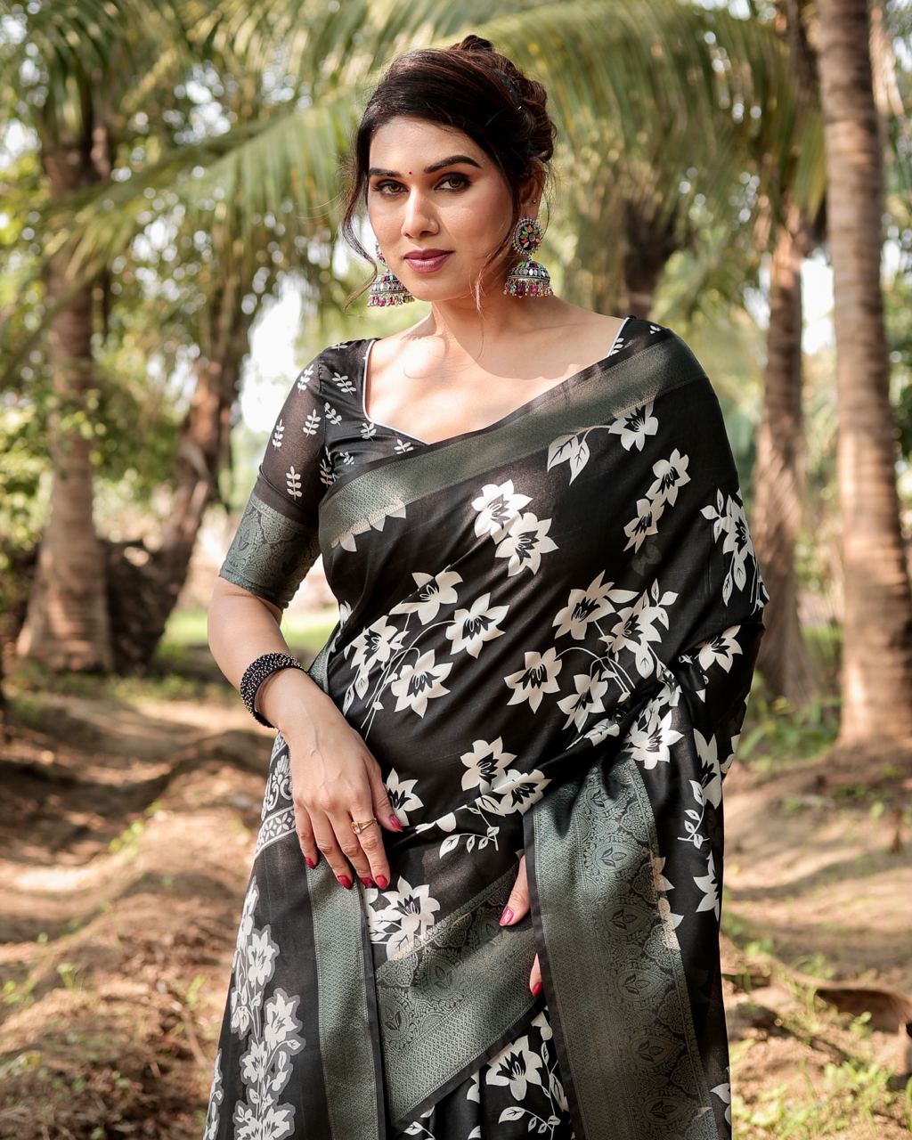 Pure Silk Digital Printed Black Saree with Brocade Blouse Colorful Saree